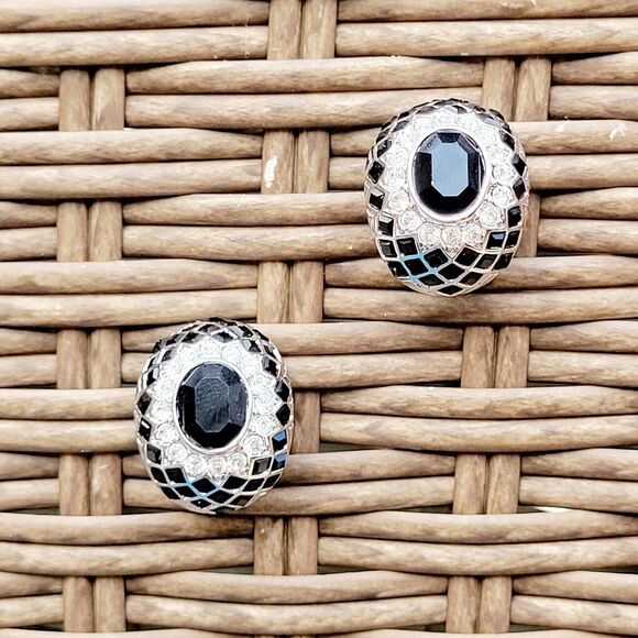 CARRE Blach & White Rhinestone Vintage Clip On Earrings - Picture 2 of 9